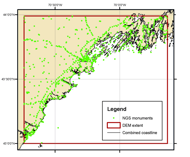 Locations of NGS monuments within the Portland, Maine DEM boundaries.